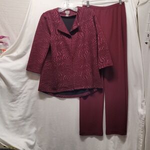 Chico's Sz O SM 2 Pc Jacket & Pants Matching Set Wine Black Jaquard Stretch NWT